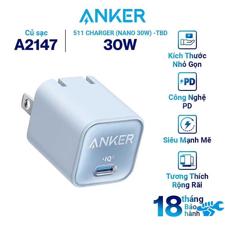 Củ Sạc Nhanh Anker 511 Charger Nano 3 30W 1 Cổng Type-C PiQ 3.0 Tương Thích PD/PPS/QC3.0 - Anker A21