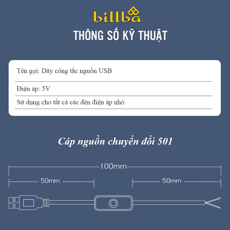 Dây nguồn công tắc usb 5v dài 1m, dây cáp công tắc kết nối USB cho đèn led trang trí, decor BB9991  - Billba Camping