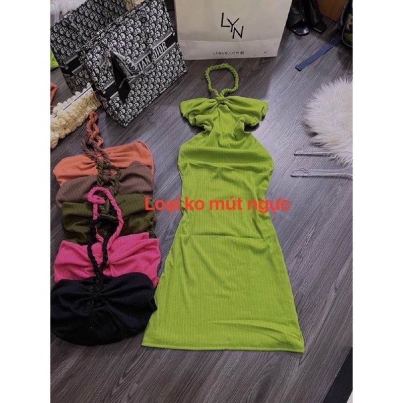 Có Mút Đầm Body Dây Thừng Xoắn Yếm Cúp Nơ Ngực Xương Cá Dáng Dài Đuôi Cá