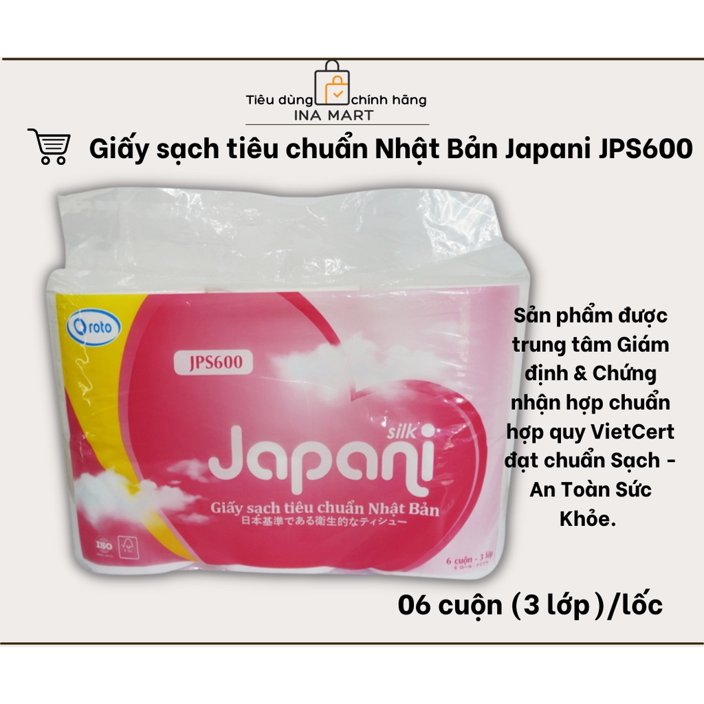 Giấy sạch Nhật Bản Japani Silk600 Cao Cấp 3 Lớp Không Lõi Nhiều Giấy, không lõi, lốc 6 cuộn, phù hợp da nhạy cảm, trẻ em