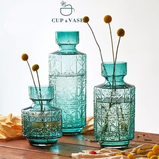 Bình Hoa Thủy Tinh CUP & VASE Màu Xanh Cổ Vịt Phong Cách Retro Cao Cấp