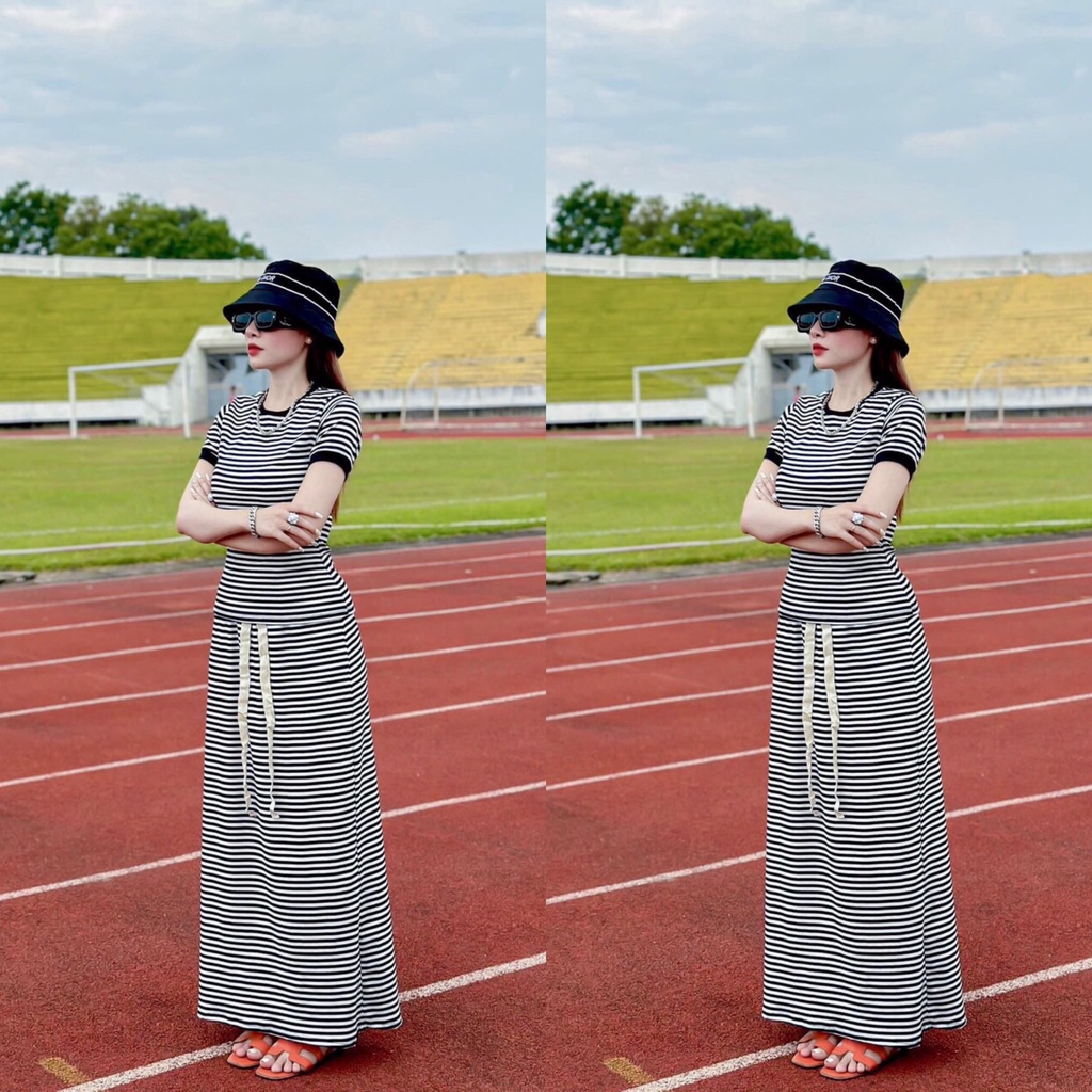 Set váy kẻ sọc ôm body tay ngắn cổ tròn viền đen thời trang nữ STCLOTHING