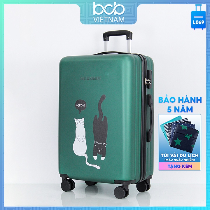 Vali Kéo Du Lịch Tay Kéo Nhôm In Hình Hai Chú Mèo Nằm Đảo Chiều Tối Giản Cute L069
