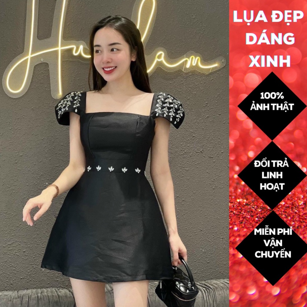 (Fom: <55kg) Đầm Đen Cổ Vuông Tay Tiên Vai Đính Đá Đầm Công Chúa,, Váy Công Chúa, Đầm Tiểu Thư JL53