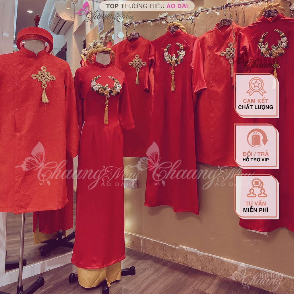 Áo dài cặp đôi nam nữ hoa ruy băng Chaang may sẵn áo dài cưới hỏi cô dâu chú rể đơn giản dự tiệc lễ tết đẹp ADC692