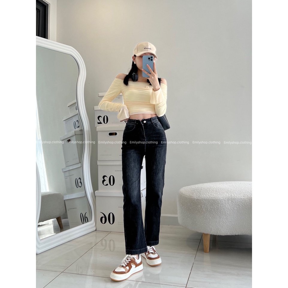 Quần jeans bò nữ denim ống rộng suông lưng cạp cao form rộng chất đẹp Emilyshop ulzzang