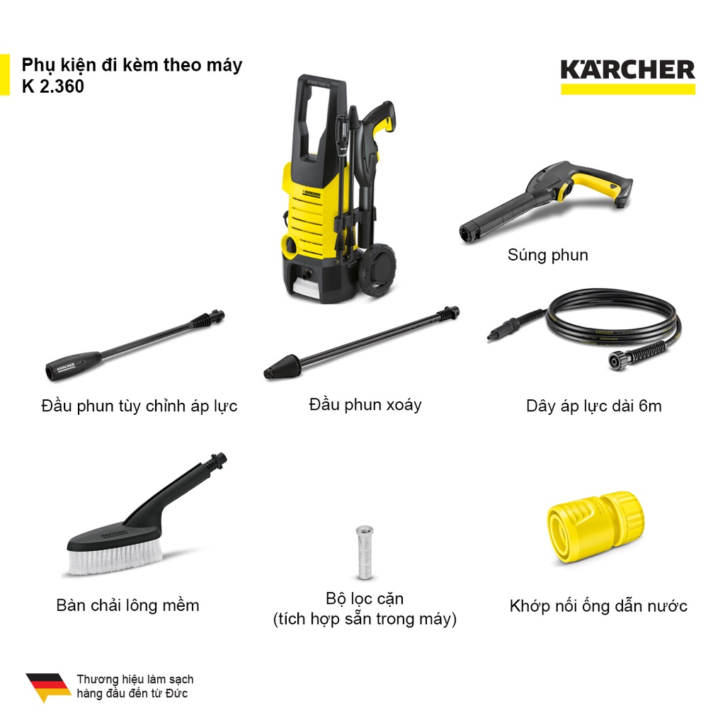 Máy phun rửa áp lực cao Karcher K 2.360 động cơ chổi than, áp lực 120 bar, lưu lượng nước đến 360 l/h, công suất 1400w