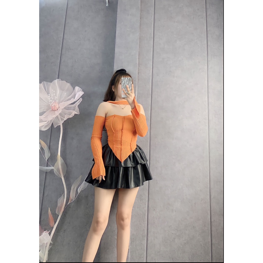 Áo thun nữ đi chơi tay dài trễ vai chất thun xốp mềm dáng ngắn phối dây choàng cổ kiểu tà nhọn xinh hot