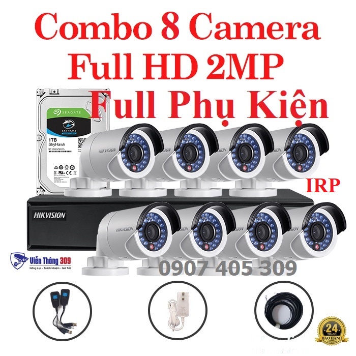 Trọn bộ 8 camera giám sát Hikvision trong nhà, ngoài trời Full HD, bộ camera hồng ngoại 20m - Hàng chính hãng-309cctv