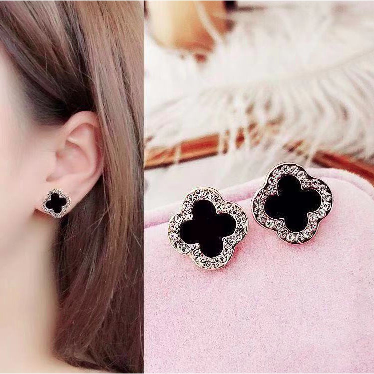 Bông tai nữ hoa tai kim bạc cỏ bốn lá may mắn đính đá lấp lánh phong cách cá tính