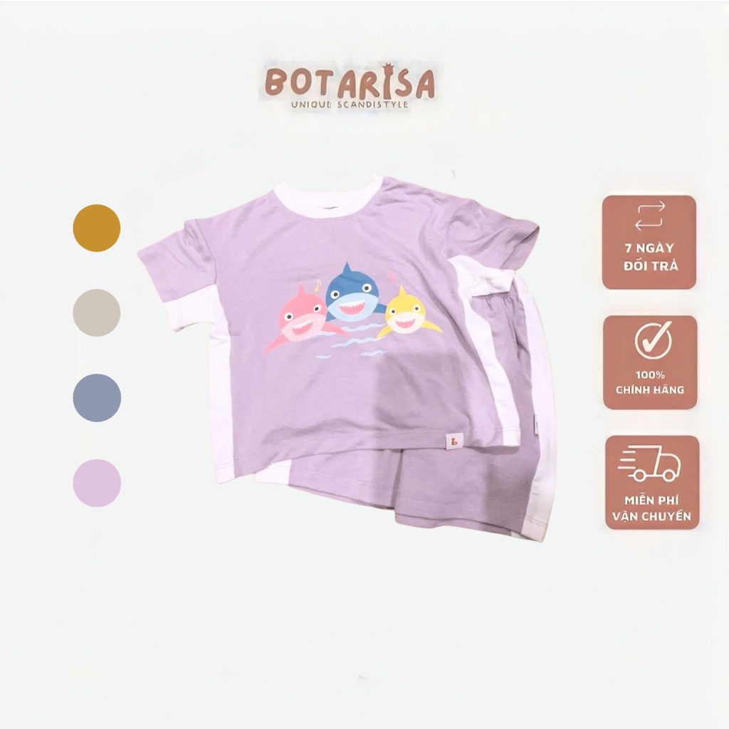 Bộ quần áo cộc tay cho bé trai bé gái thun lạnh họa tiết Baby Shark dễ thương phối sườn trắng Botarisa