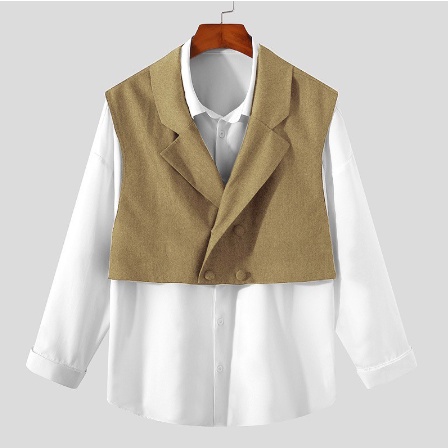 Áo Sơ Mi Hai Mảnh INCERUN Tay Dài Giả Áo Giả Vest Thời Trang Hàn Quốc - Màu kaki size M