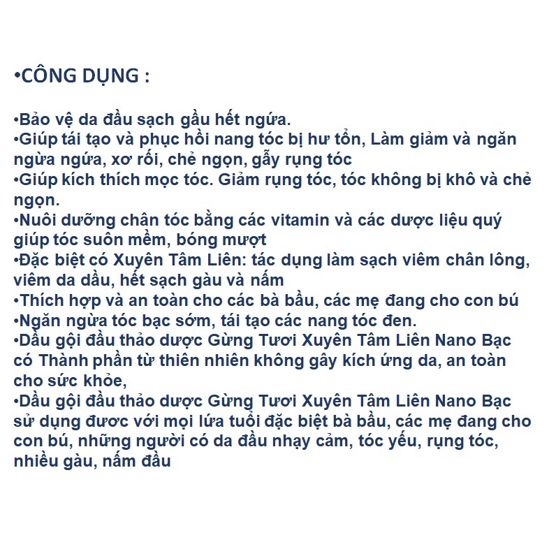 Dầu gội đầu thảo dược Gừng Tươi Xuyên Tâm Liên Nano Bạc.Kích mọc tóc,phục hồi tóc.Giảm rụng tóc, gãy tóc,bạc tóc,đen tóc
