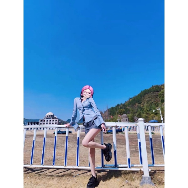 SET Áo Sơ Mi Tay Dài Dáng Ôm Màu Xanh Kẻ Sọc + Chân Váy Ghi Thời Trang Hot 2023 Nữ