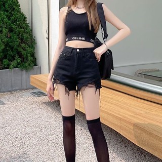 Quần đùi bò nữ quần jean ngắn quần đùi jean nữ Quần short màu đen quần short nữ bigsize quần đùi jean nữ Quần jean đen ngắn Quần Short Denim Chữ a Lưng Cao Ống Rộng Màu Đen Phối Rách Phong Cách Hàn Quốc Cho Nữ quần jean nga