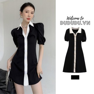 Đầm sơ mi tay phồng, màu sắc tương phản thời trang, váy dáng ngắn retro, sang chảnh, ngọt ngào hàng Quảng Châu thiết kế dành cho nữ