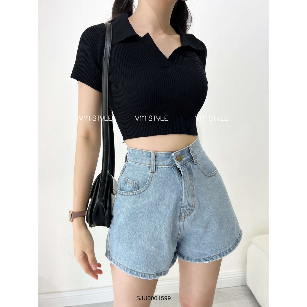 Quần đùi nữ VMSTYLE lưng cao, short jean ngố trơn lai thường - SJU00015