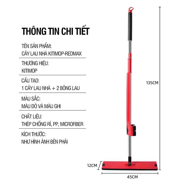 Cây lau nhà tự vắt Kitimop-RedMax bàn lau lớn 45cm, hệ thống vắt kép, thanh thép chống gỉ, khớp xoay 360 độ, 2 bông lau