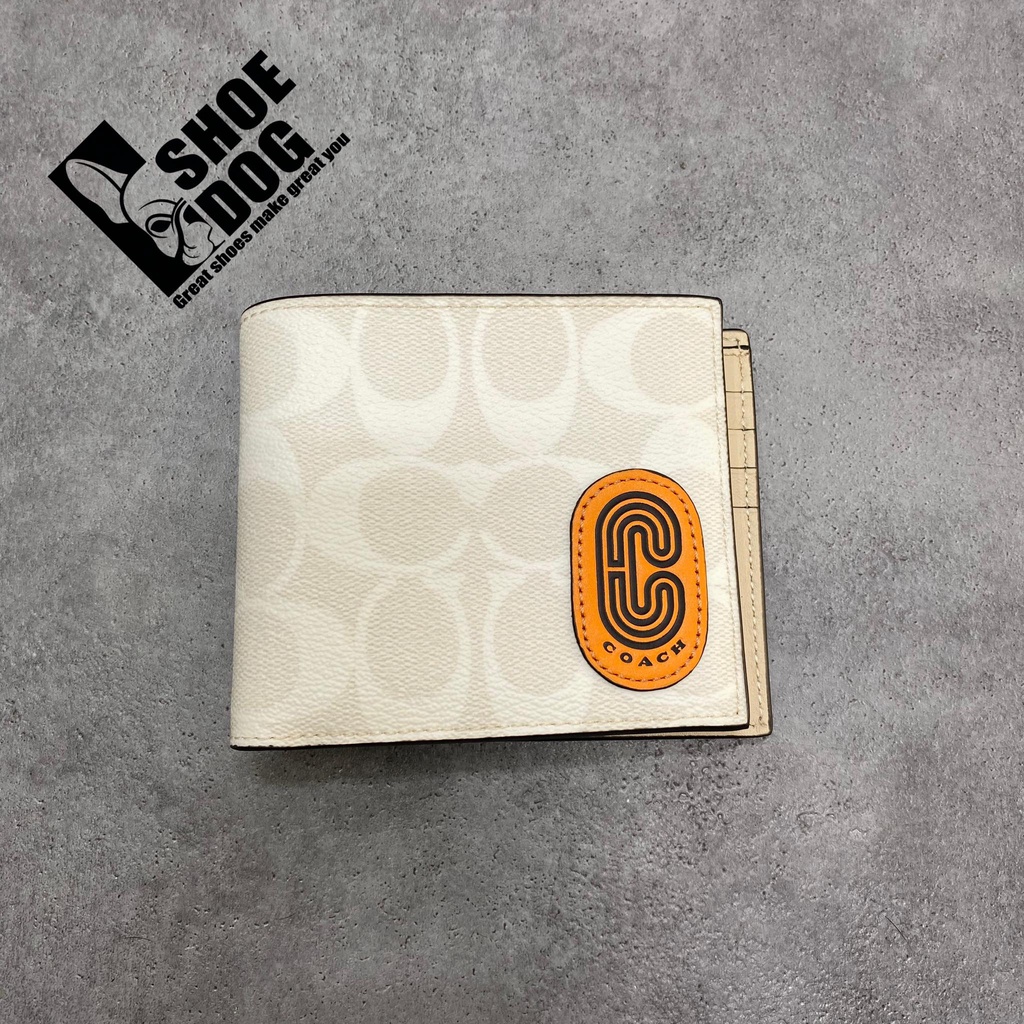 Bóp ví ngắn hàng hiệu nam nữ Coach gập đôi có tặng kèm card holder màu mono trắng chữ C cam