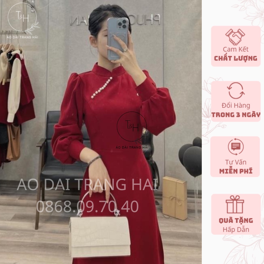 Áo dài cách tân cổ vuông 2cm, tay bồng đính hạt-Trang Hải