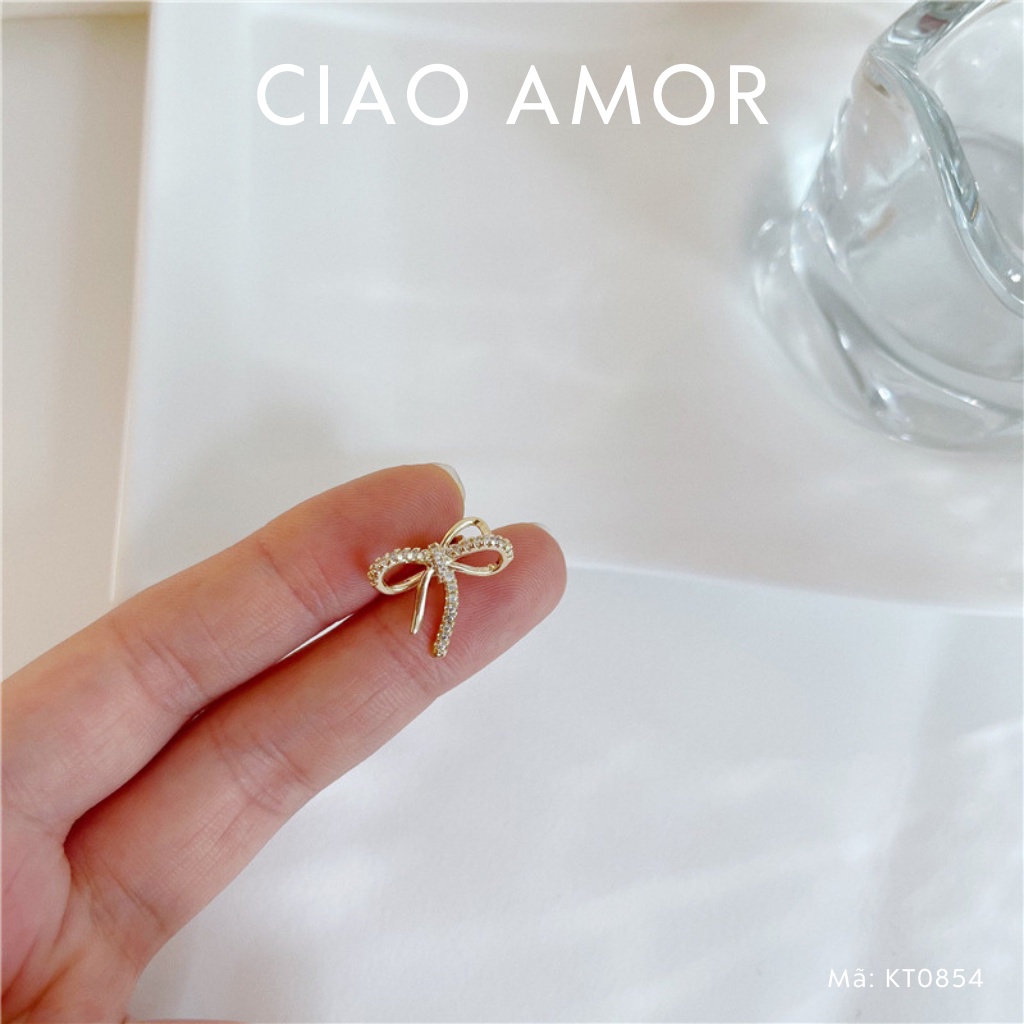Khuyên tai nữ, Bông tai kẹp vành nơ đá ngắn Trang sức Ciao Amor - KT0854