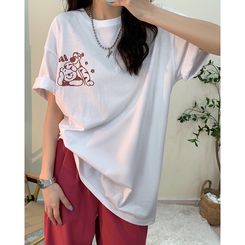 NUZIRO  Áo thun  tay ngắn cổ tròn dáng rộng in họa tiết hoạt hình thời trang cho nữ