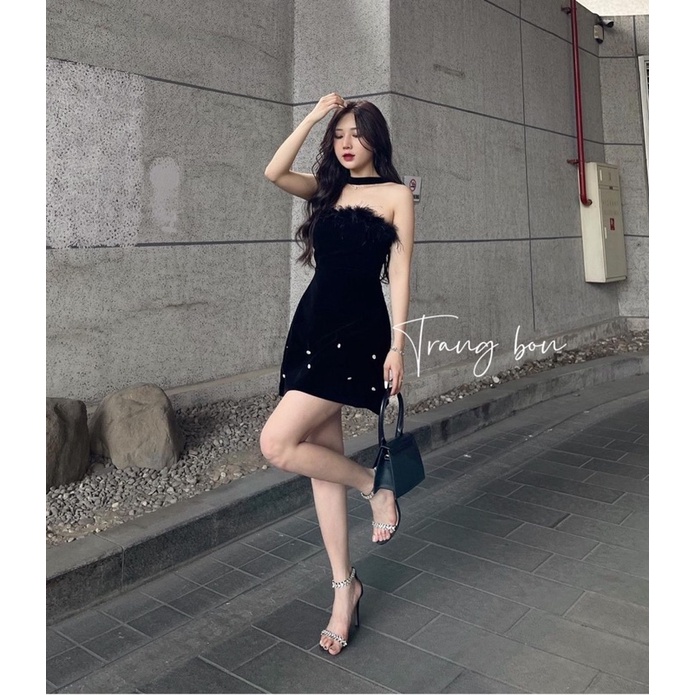 ĐẦM NHUNG KHÂU LÔNG NGỰC ĐÍNH ĐÁ