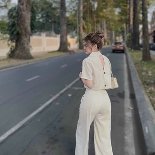 Sét vest đính nút sau, sét bộ áo croptop tay ngắn cổ vest đính nút sau kèm quần dài trẻ trung năng động