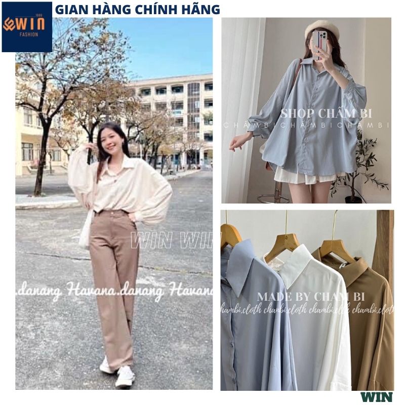 Áo sơ mi tay bồng kiểu dáng Hàn quốc form rộng dáng dài bánh bèo, Áo sơ mi tiểu thư đơn giản 3 màu sang chảnh - WIN