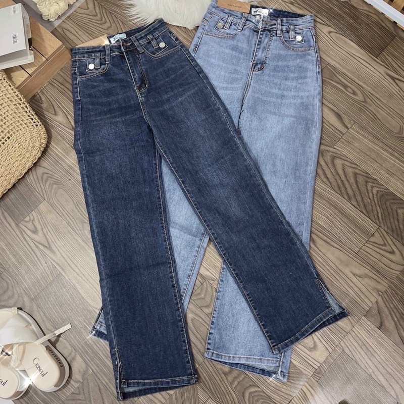 Quần jeans ống đứng lưng cao co giãn lai xẻ kiểu Cuahangjeans (ảnh thật)