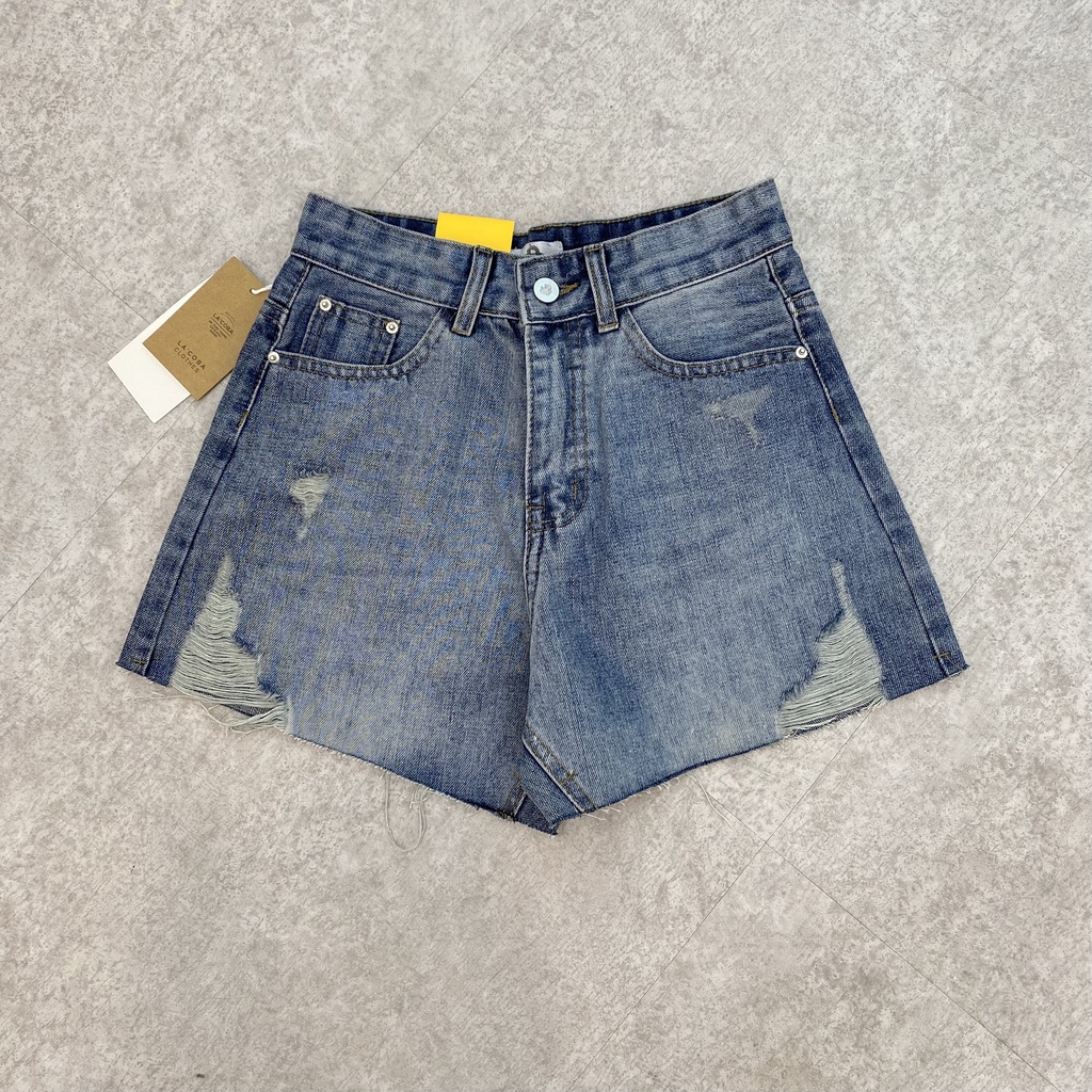 Quần short jean nữ lưng cao rách gấu cá tính 3 màu đen, trắng, xanh - La'coba