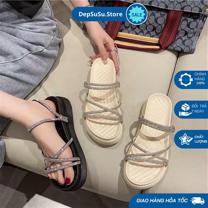 Dép Quai Dây Đính Đá, Sandal Nữ, Đế Độn 5cm Thời Trang Mới Dành Cho Nữ