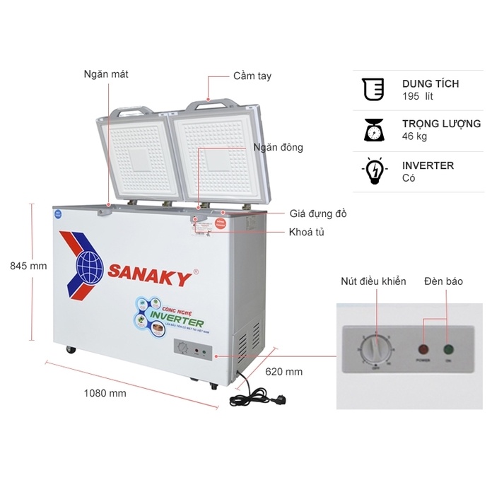 Tủ đông Inverter SANAKY 220 lít VH-2899W4K - MẶT KÍNH CƯỜNG LỰC, 1 NGĂN ĐÔNG 1 NGĂN MÁT - BẢO HÀNH CHÍNH HÃNG 2 NĂM