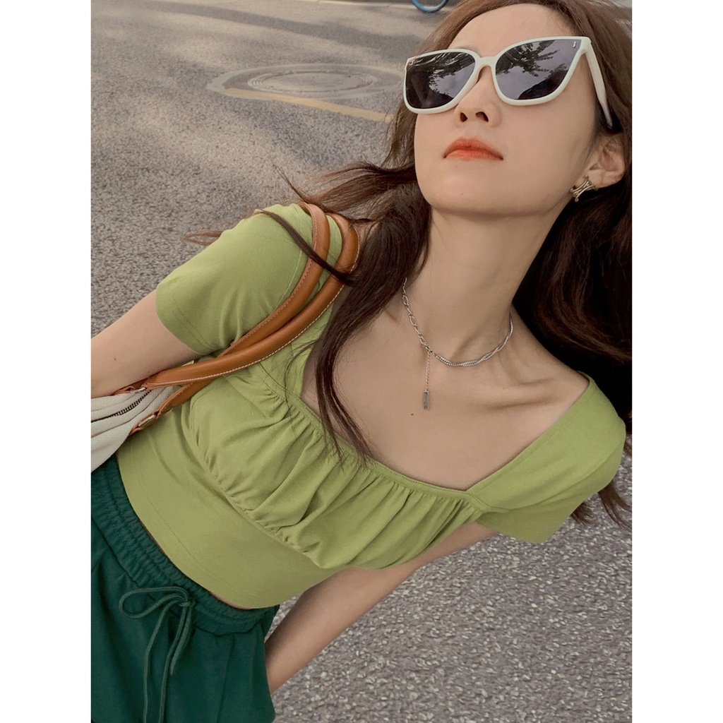 COZOK Áo Thun Lửng Ngắn Tay Cổ Vuông Thời Trang Nữ