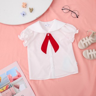 Áo sơ mi bé gái ILABY cổ thuỷ thủ gắn nơ cổ chất liệu thô cotton [1687]