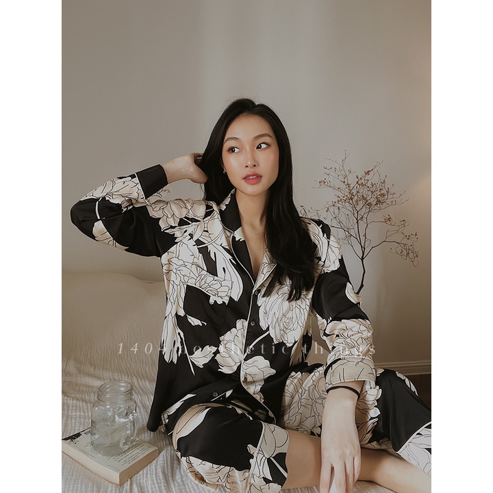 1404 Bộ Ngủ Lụa Pyjama Dáng Dài Hoạ Tiết Peony Be / SET0001