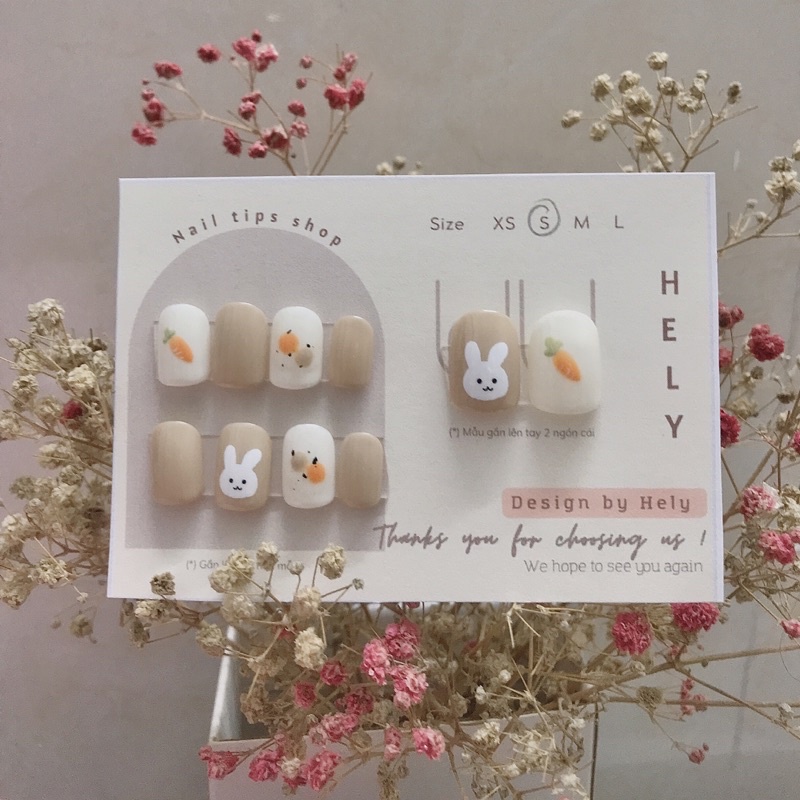 Nailbox Hely - Móng úp, giả tự gắn phom vuông tông nâu nu.de hình thỏ trắng và cà rốt