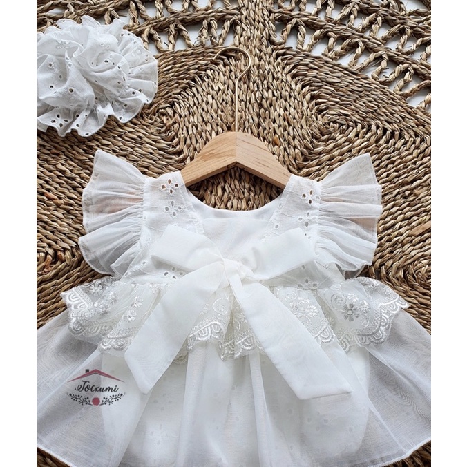 Body váy ren trắng thiên thần cánh tiên nơ lưng lưới cao cấp - Tocxumi