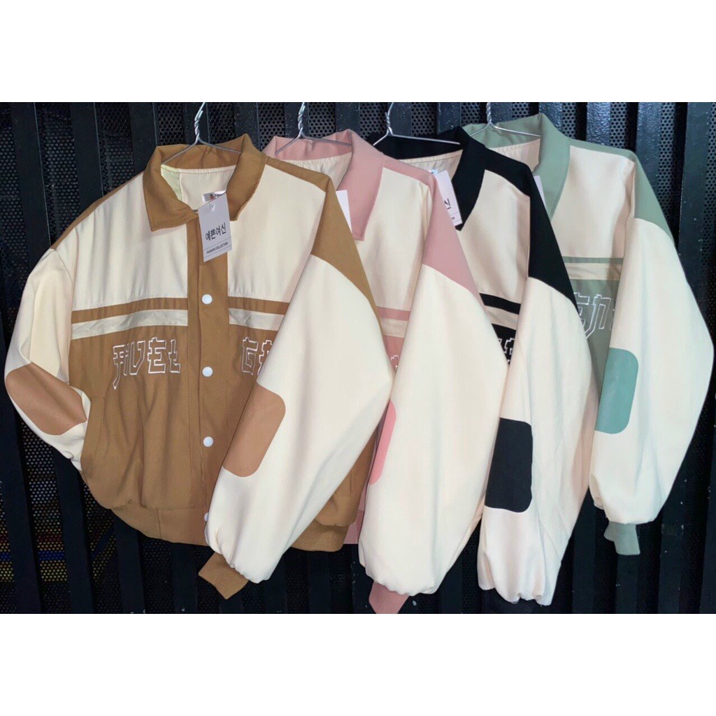 Áo Khoác Bomber Croptop Nữ Da Lộn Thêu Chữ Phối Dù Form Lửng Tay Phồng Cánh Dơi Cổ Bẻ Bấm Cúc Hàn Quốc