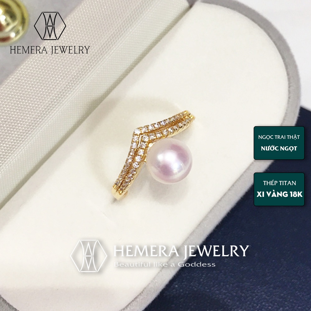 Nhẫn nữ Hemera hạt trai nuôi nước ngọt chuôi thép xi vàng giữ màu hình vương miện HMR22