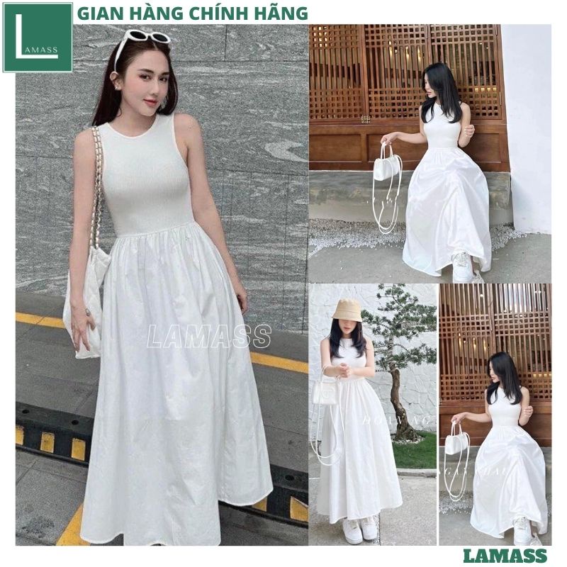 Váy maxi body 3 lỗ trắng dáng dài xòe co giãn thoải mái, Đầm thun ôm phối dài sang chảnh đi chơi đi biển cực xinh - LAMA