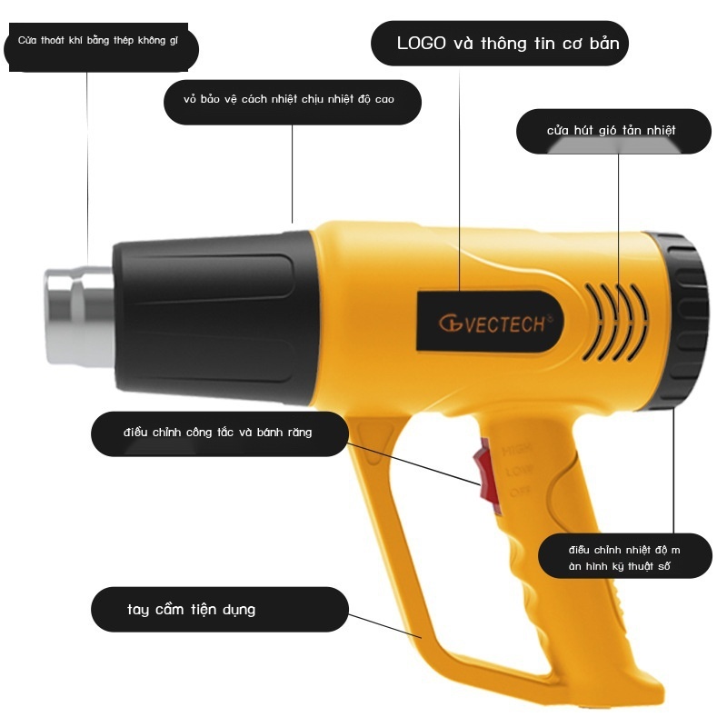 VECTECH 2000W khí nóng súng nhiệt độ không đổi xe phim nướng nắp sau màn hình hiển thị kỹ thuật số điều chỉnh máy thổi