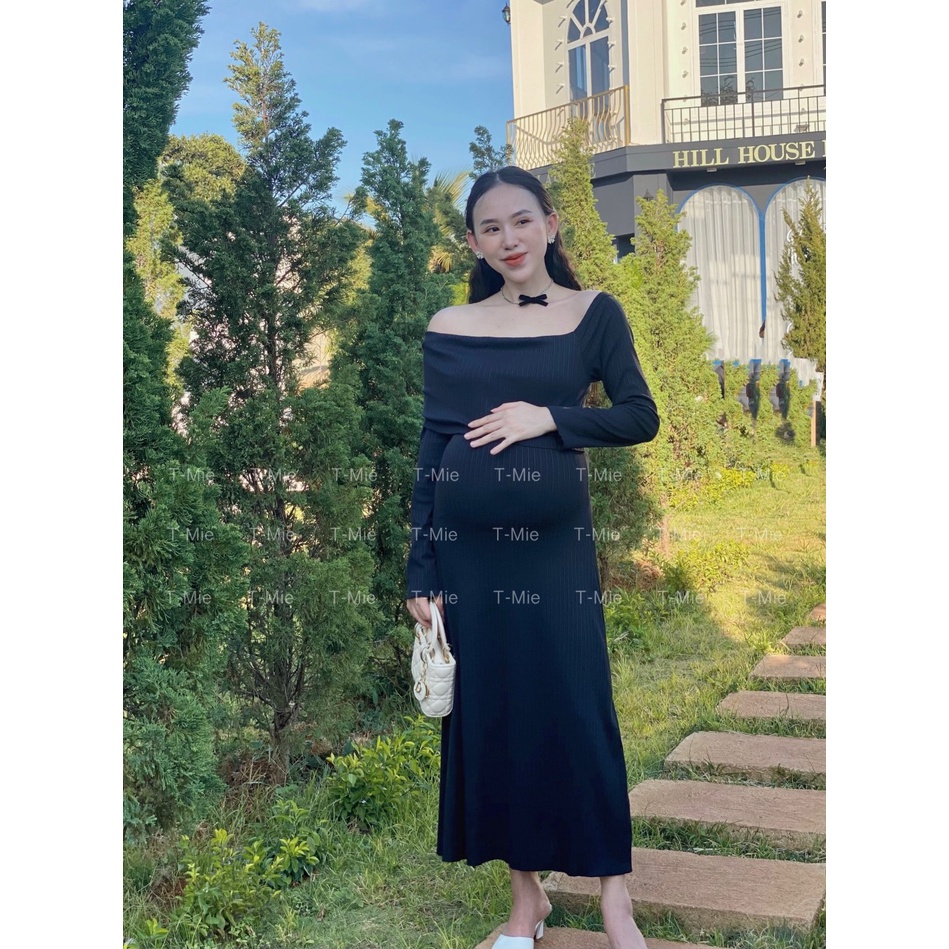 T-Mie | Đầm Bầu Maxi Thiết Kế Tay Dài Bẹt Vai Form A Sang Trọng ,Công Sở ,Dạo Phố ,Đi Tiệc Đẹp
