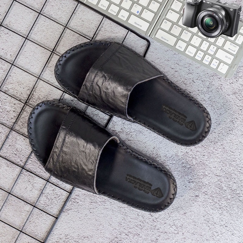 Dép da nam quai ngang chữ h da bò thật,màu Đen sang trọng đế cao 2,5cm AT28