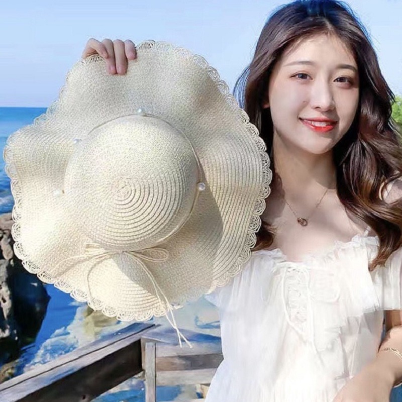Nón cói nơ xinh thời trang Hàn Quốc đẹp và sang trọng, Mũ cói đi biển nữ vành rộng chống nắng cho chuyến du lịch biển