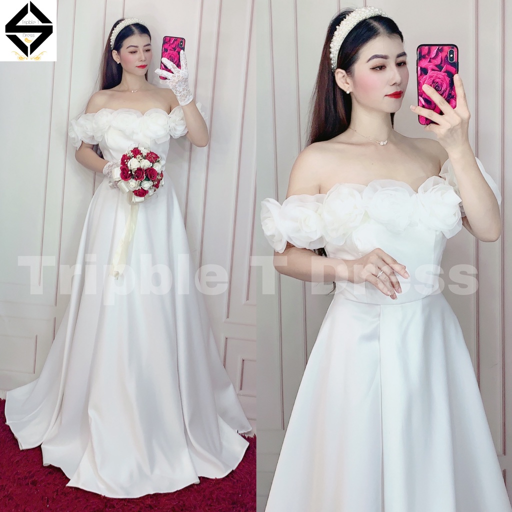 Đầm maxi cho dâu mặc cưới TRIPBLE T DRESS bẹt vai hoa hồng xẻ đùi siêu xinh- size S/M/L - MS286Y