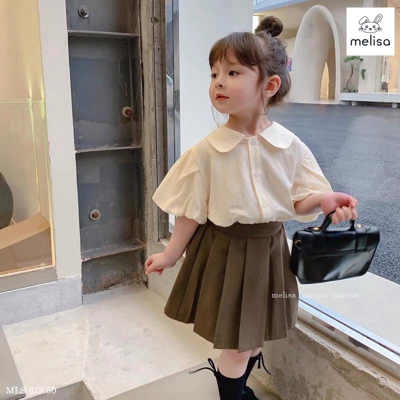 Bộ Melisa bé gái áo cổ bèo chân váy nâu BH2351