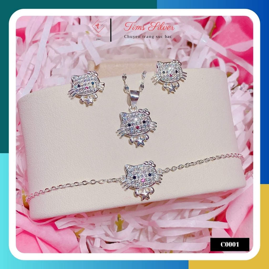 Bộ trang sức bạc ta, bạc S925 dây chuyền, lắc tay, bông tai hình Hello Kitty dành cho bé gái TIMS C0001
