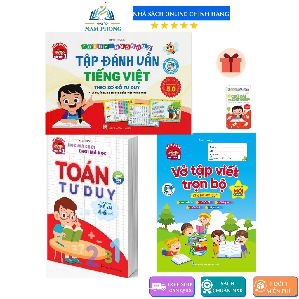 Sách - Bộ Hành Trang Cho Bé Chuẩn Bị Vào Lớp 1 - Tập Đánh Vần, Luyện Viết 5.0, Toán Tư Duy 4 6 Tặng Bộ Thẻ Học