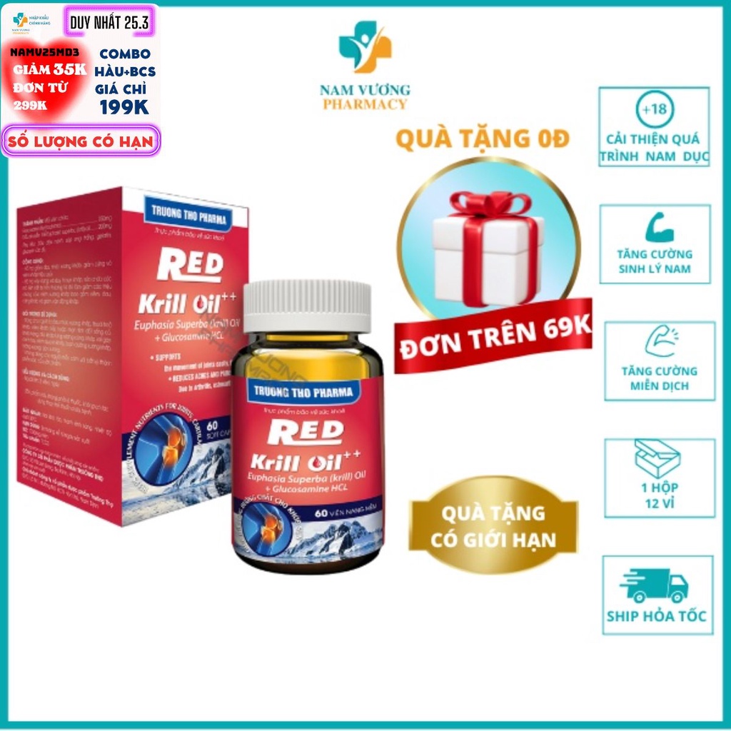 Dầu Nhuyễn Thể Red Krill Oil - Tăng Cường Dịch Khớp, Tái Tạo Sụn Khớp - TRƯỜNG THỌ PHARMA - Hộp 60v